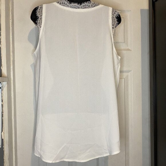 Women Sheer Chiffon Lace Trim V-Neck Sleeveless Blouse Small White Curve Hem - Picture 2 of 16